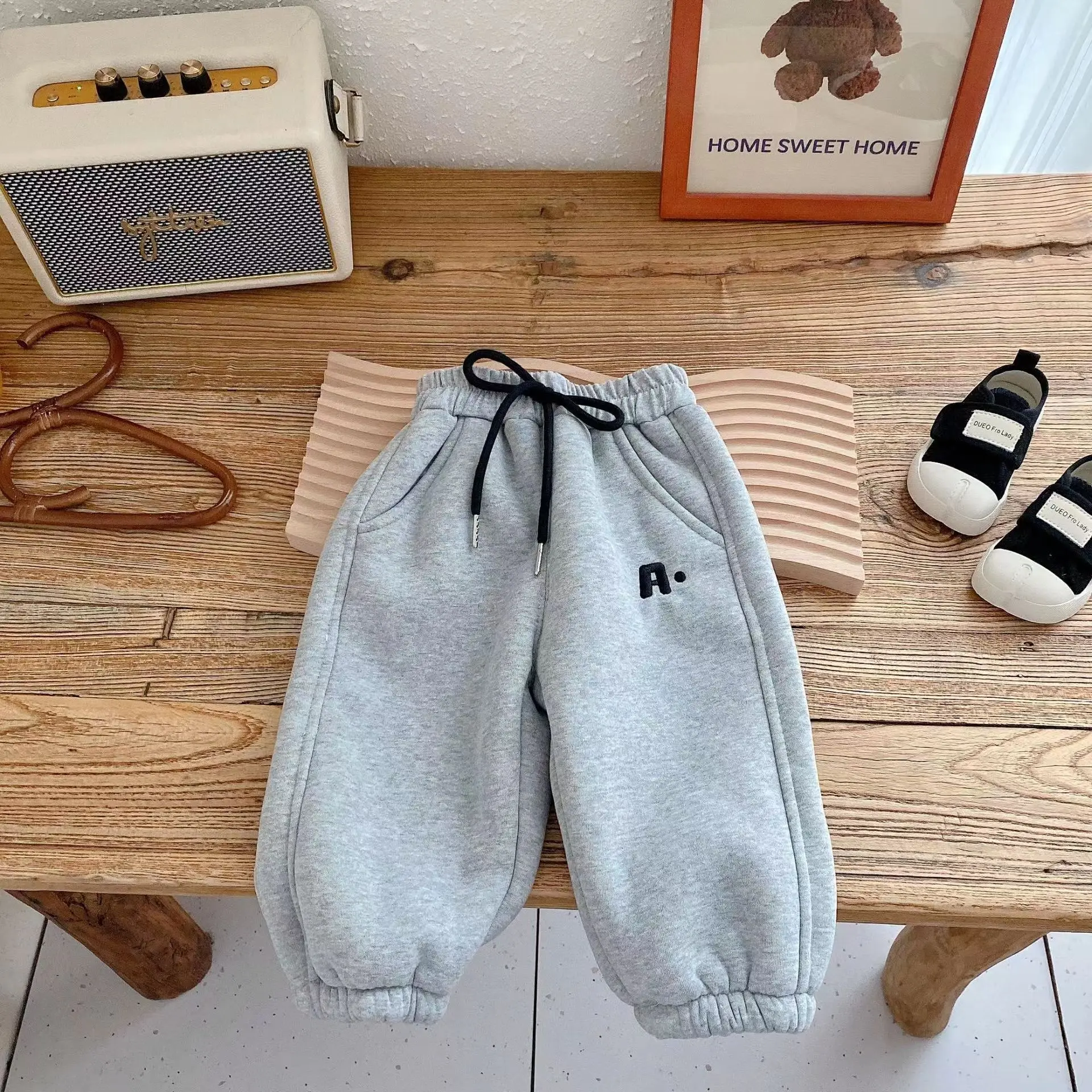 2024 autumn and winter new thickened letter embroidery sports sweatpants winter infant warm casual pants