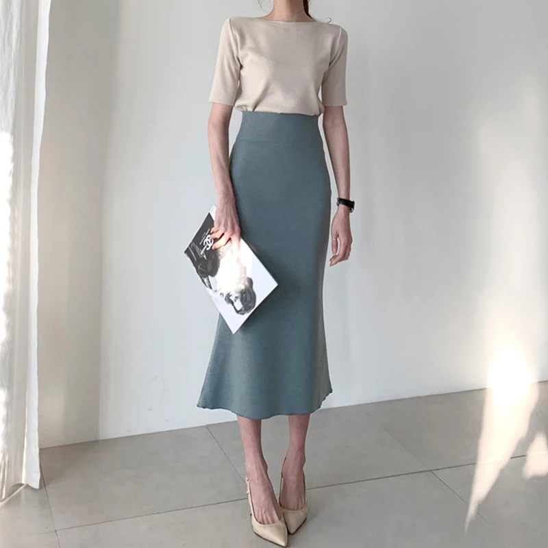 Top de punto ajustado de seda de hielo e con falda Midi de cintura alta conjunto de dos piezas estilo coreano manga co...