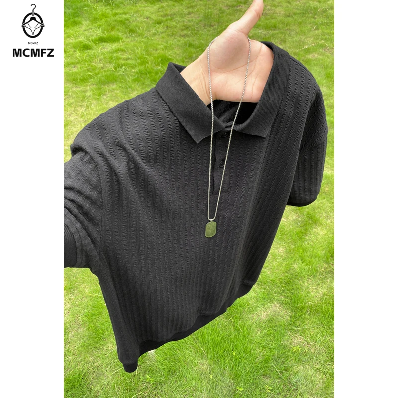 Men Vertical Jacquard Polo Short Sleeve Top Lapel Collar Two Button Placket Soft Textured Fabric For Youth Streetwear Style