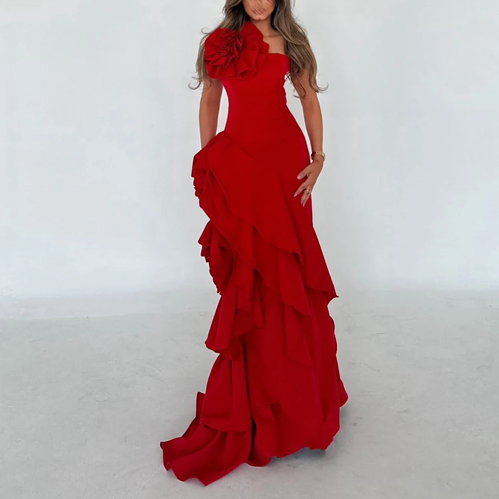 Red Strapless One Shoulder Ruffles 3D Flowers Jersey Mermaid Floor Length Sleeveless Exquisite Evening Party Dress Woman