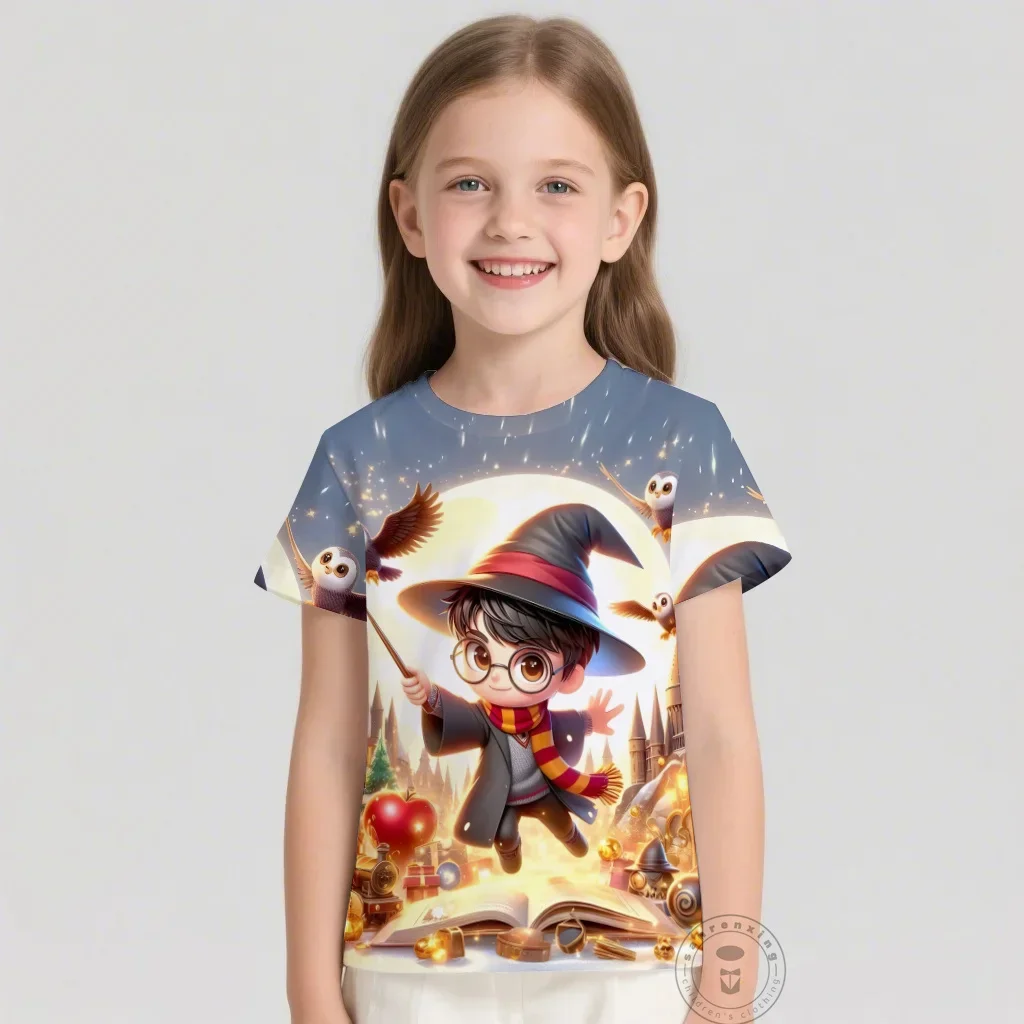 Nueva moda de verano, camiseta con estampado 3D de Harry Potter, camisetas con cuello redondo para niños, camisetas informales para niños y niñas, camisetas de gran tamaño, ropa