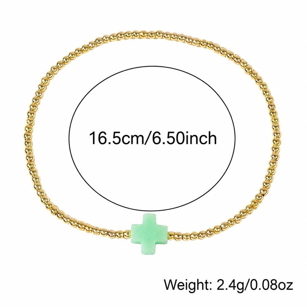 1pc Trendy Unisex Copper Gold Color Beaded Strand Bracelet with Green Cross Centerpiece No Clasp 6.5 Inch Length