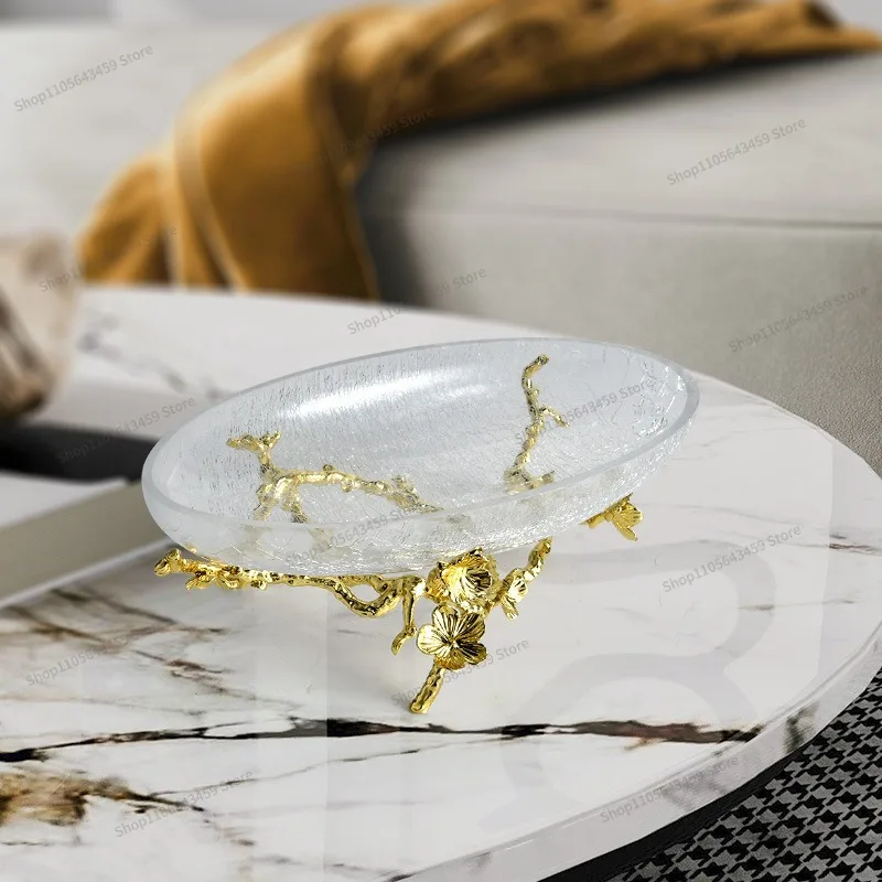 For European style light luxury glass metal fruit plate, high-end luxury villa living room dining table, fruit plate accessories