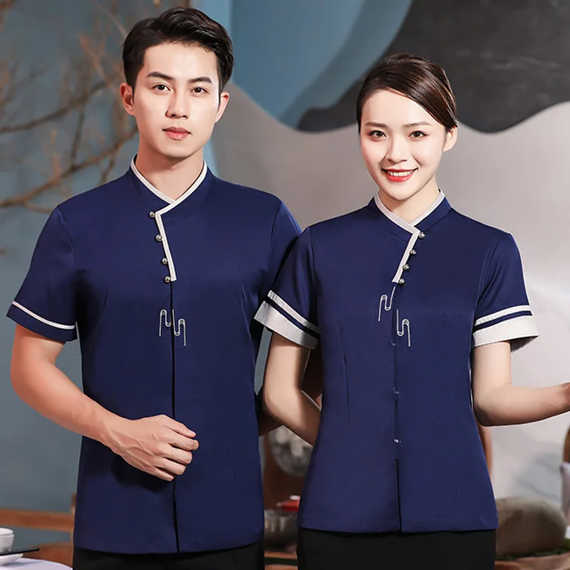 Wholesale Spot Supply Tea House Work Clothes Large Size Chinese Uniform Hot Pot Restaurant Waiter Short Sleeve Printe