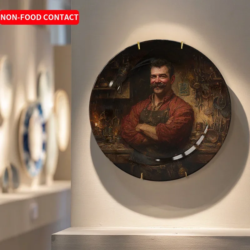 2D Flat, Handmade Vintage Ceramic Wall Plate & Hanging Decor - Bearded for Man Portrait with Red Shirt, 2D Flat Round Plate for