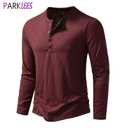 Mens Distressed Henley Tshirt Vintage Wine Red Long Sleeve T Shirt Men Casual Button Down Washed Cotton Tee Short Homme Camiseta