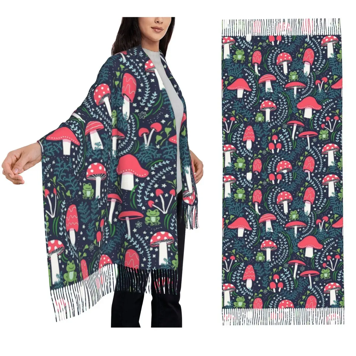 

Шарф с кисточками и лягушками в виде грибов, мягкие теплые шали и накидки, большая осенне-зимняя шаль