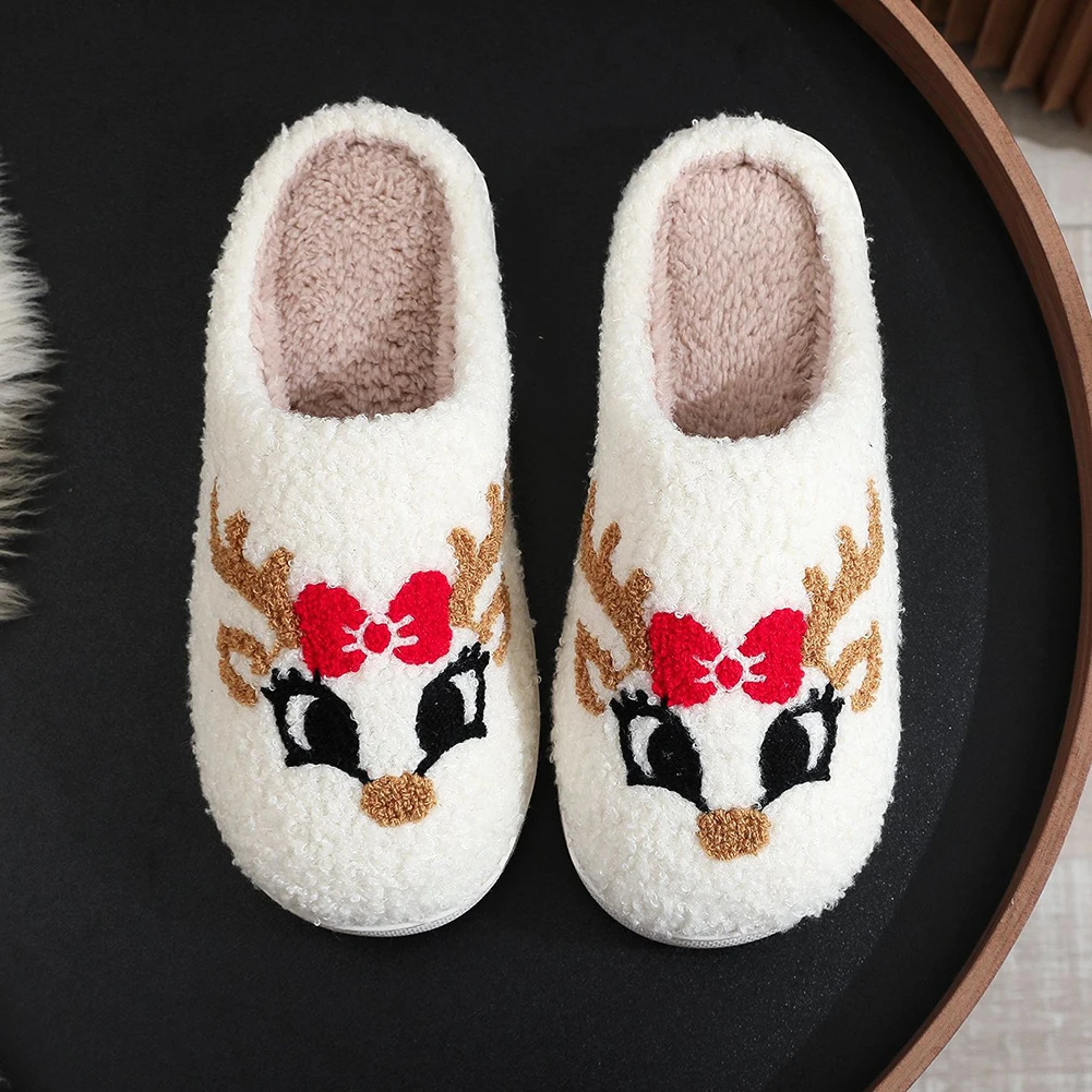 Reindeer Fuzzy Indoor Slippers Cozy Plush Closed Toe Slippers Cartoon Plush Slip-on House Shoes with Red Bow for Winter Indoor