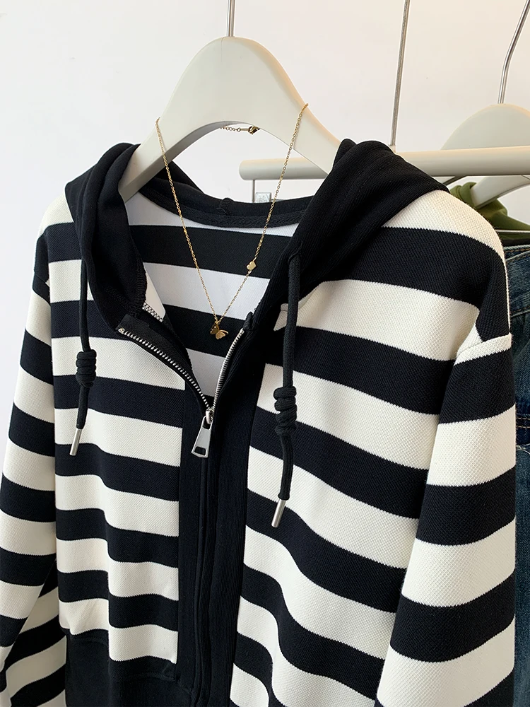 Korean Fashion Contrast Striped Knit Hooded Sweater For Women Autumn Winter Lazy Style Casual Zipper Hooded Cardigan