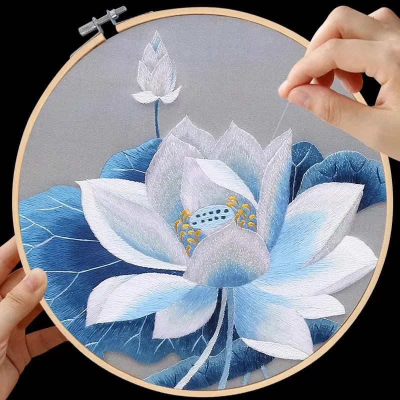 Chinese Suzhou Embroidery DIY Kit Lotus Flower for Beginners | All Materials Included with Frame and Step-by-Step Tutorial