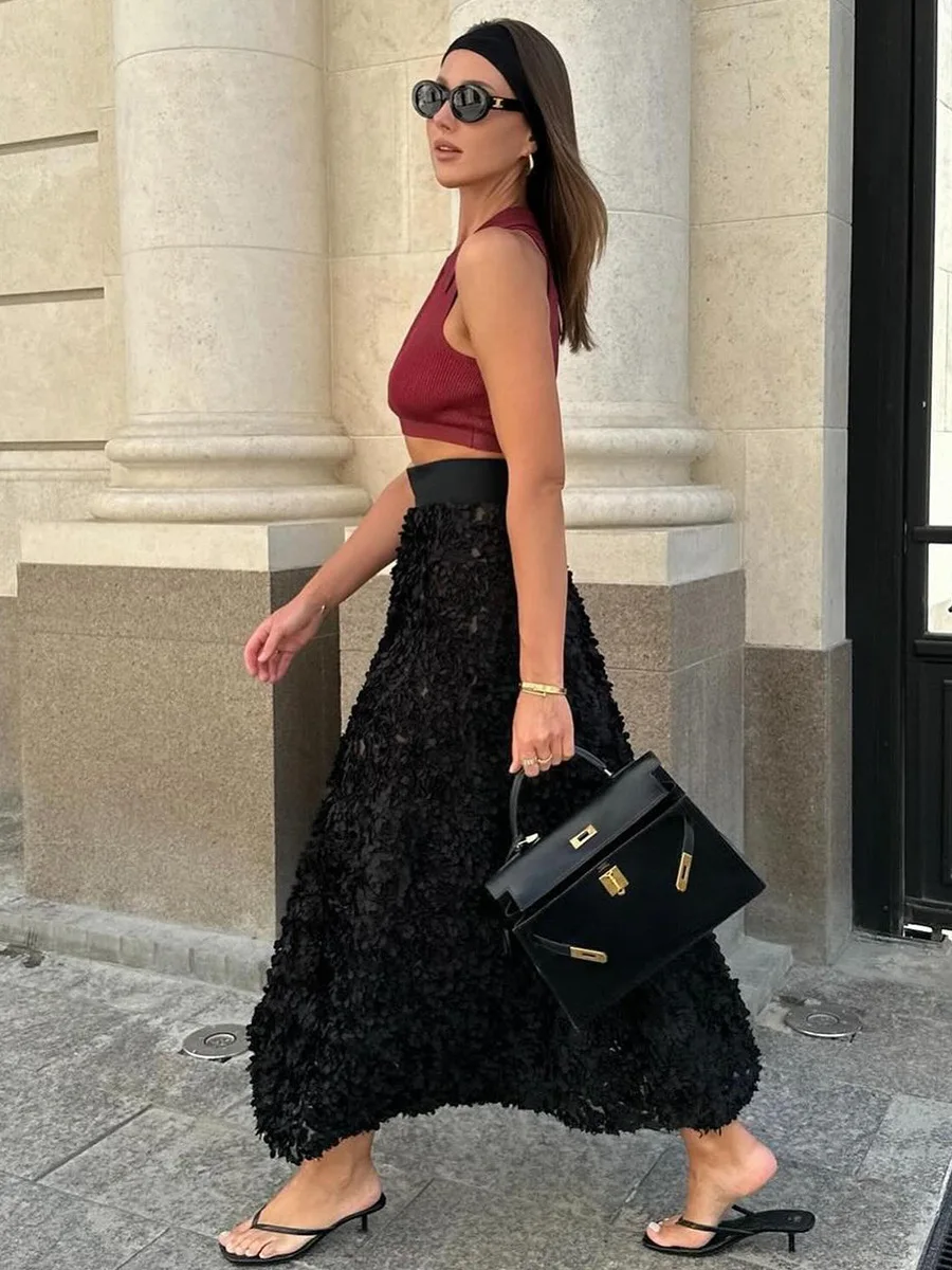 Bornladies Winter Roter Modischer Langer Blütenrock Damen-Design-Inspirierter Abendkleid Eleganter Einzigartiger Hochgeschnittener Rock – Detail 12