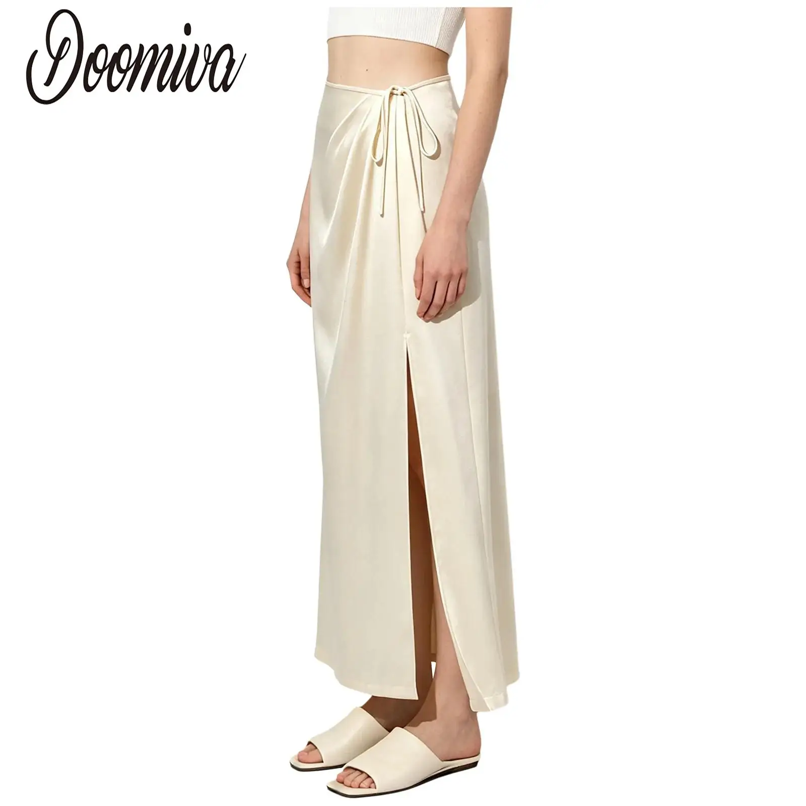 Women Elegant Side Slit Satiny Maxi Skirts Lace-up Waist Ankle Length Skirt for Birthday Party Wedding Work Office Daily Life