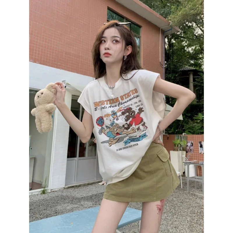 Retro Cotton Thin Sports Vest Sleeveless T-shirt Women's Summer Wear Loose Basketball  Top