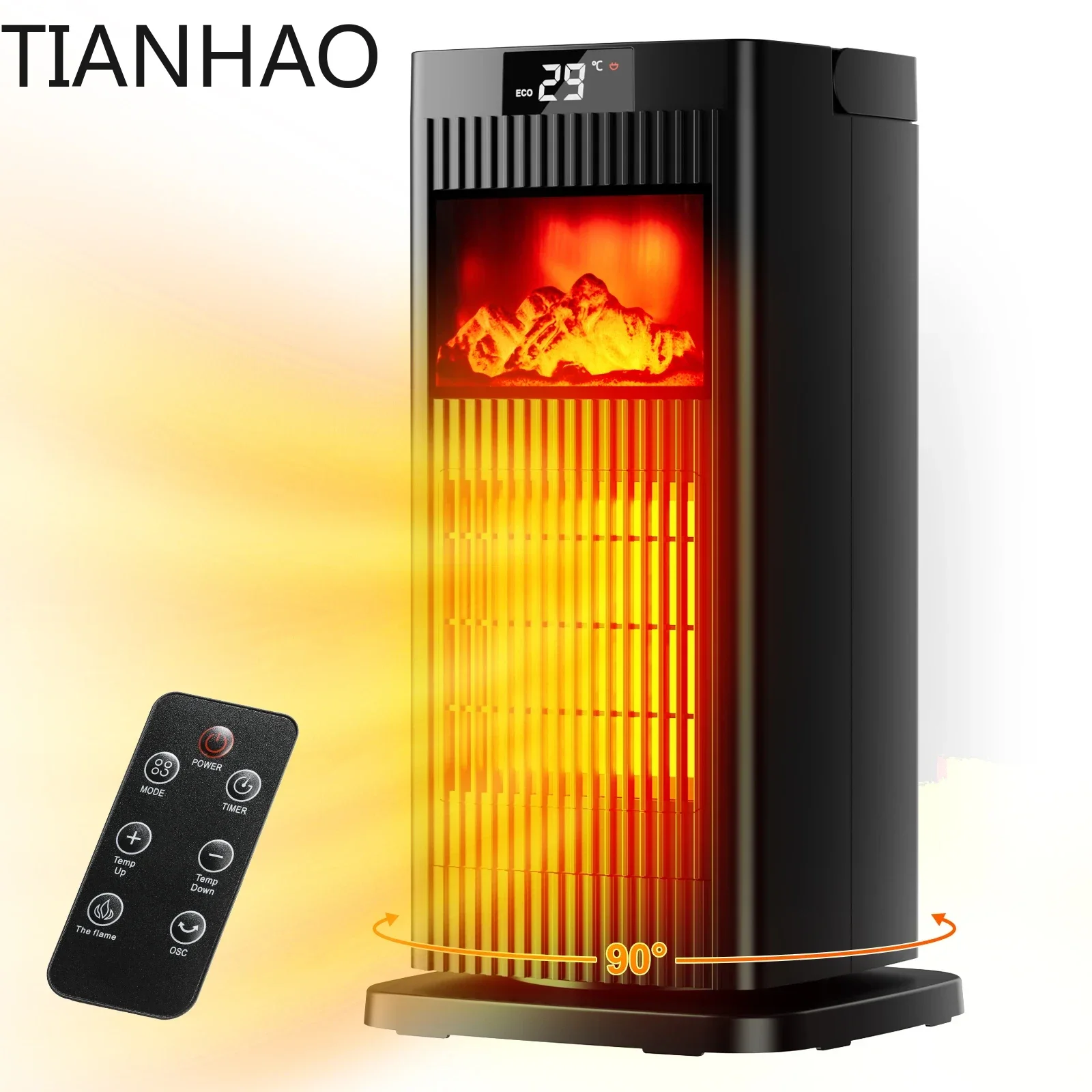 Electric Heater Fan, 1500W PTC Ceramic Portable Timer,Remote Control,Thermostat,Overheat Protection, LCD Flame Display