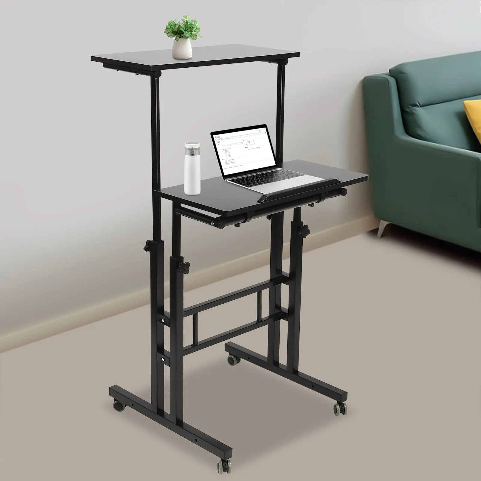 Мобильный стоячий стол, регулируемый стол для ноутбука, небольшой стоячий стол, портативный стол на колесиках и пробке, компьютерная тележка