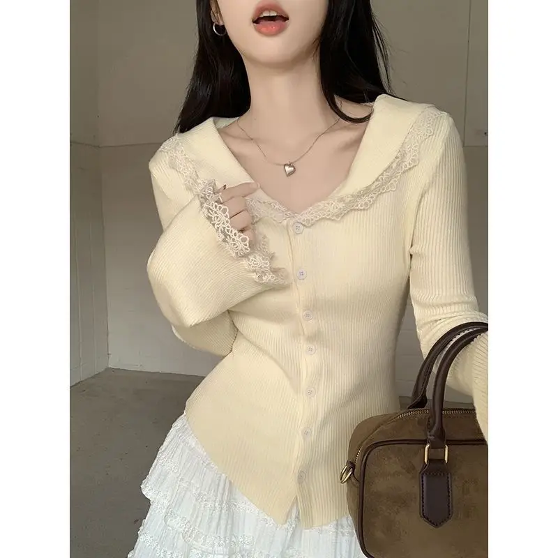 Elegant Temperament Patchwork Lace Lace Imitation Knitted Cardigan Women's Autumn and Winter Niche Slimming Top