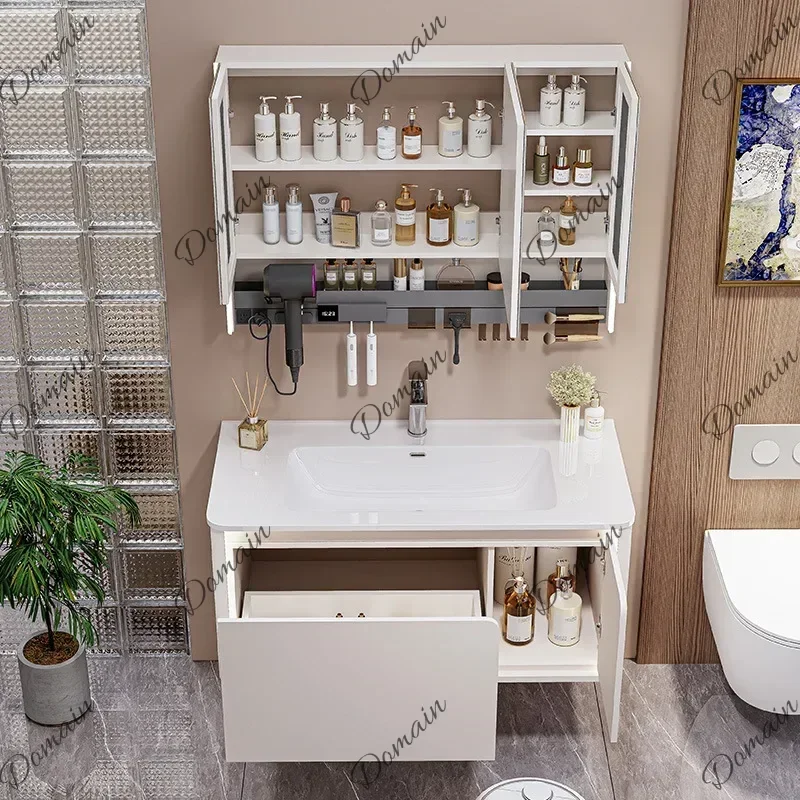 HJB PS Ambient Lighting Bathroom Cabinets Rubber Wood Lacquered Door Panel Bathroom Cabinets Ceramic Washbasin Furniture Taquill