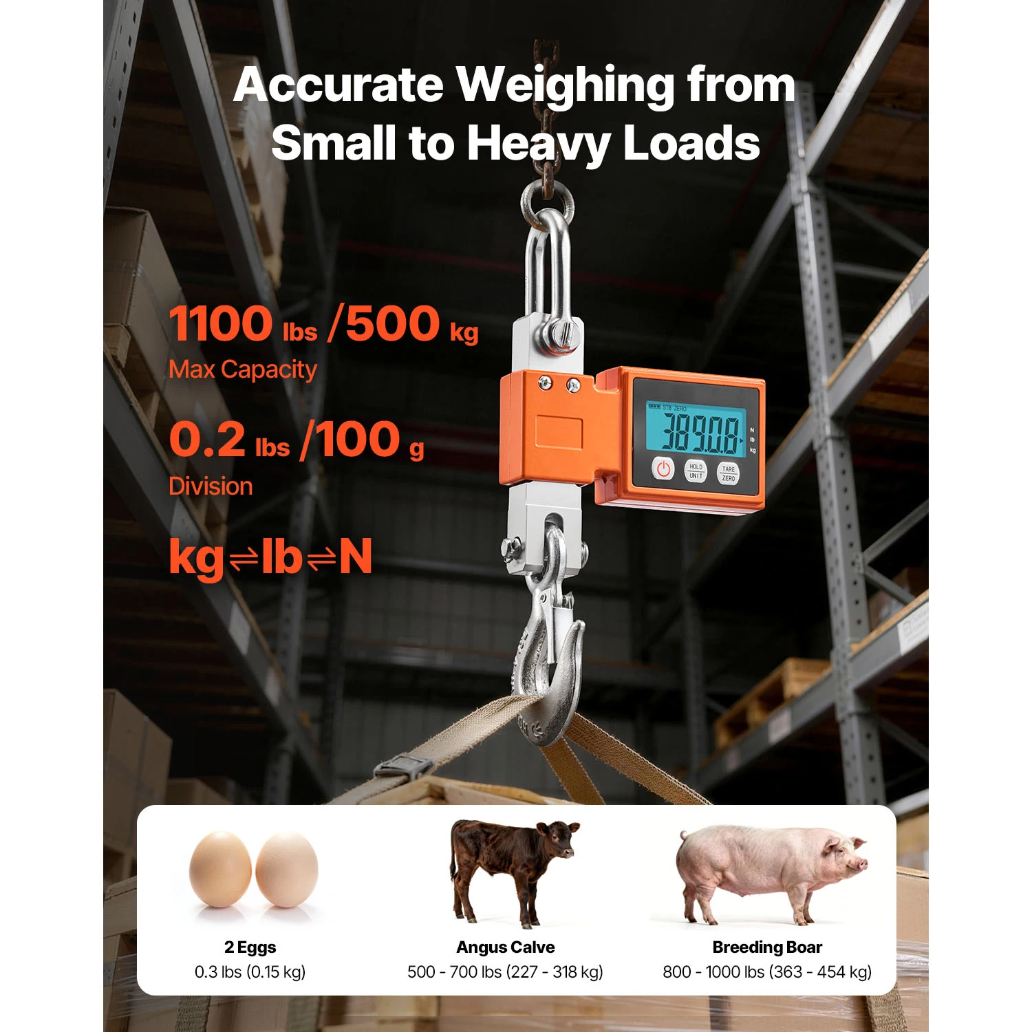 SucceBuy 1100Lbs/500kg Digital Crane Scale Industrial Hanging Scale with LCD Display 0.2lbs Division & 3 Unit Switch for Garage
