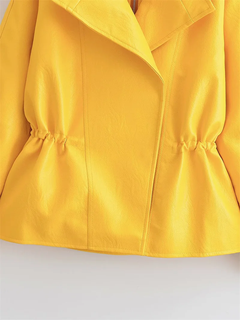 Guobioziy Women's Jacket 2026 Fall New Arrival Yellow Long-Sleeve Stand Collar Loose Faux Leather Jacket Parka Biker Style
