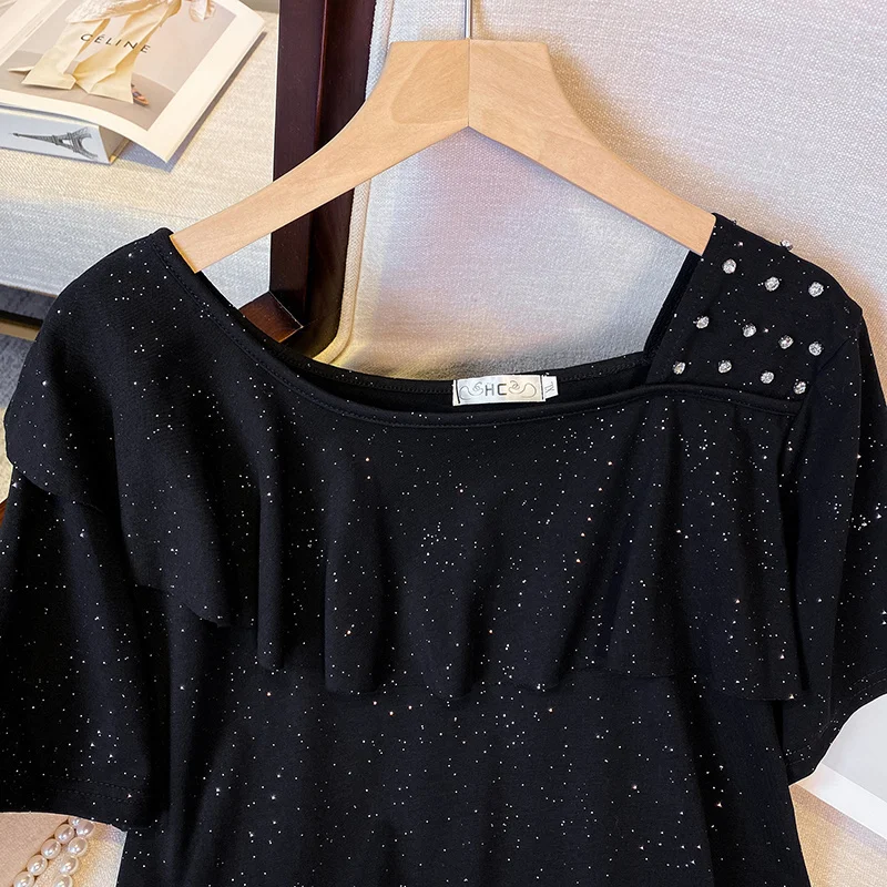 Summer XL-4XL Large Size Diamonds Shining Tops Female Cotton Ruffles Oversize T-shirt Fashion Short-sleeve Square Collar Tshirt