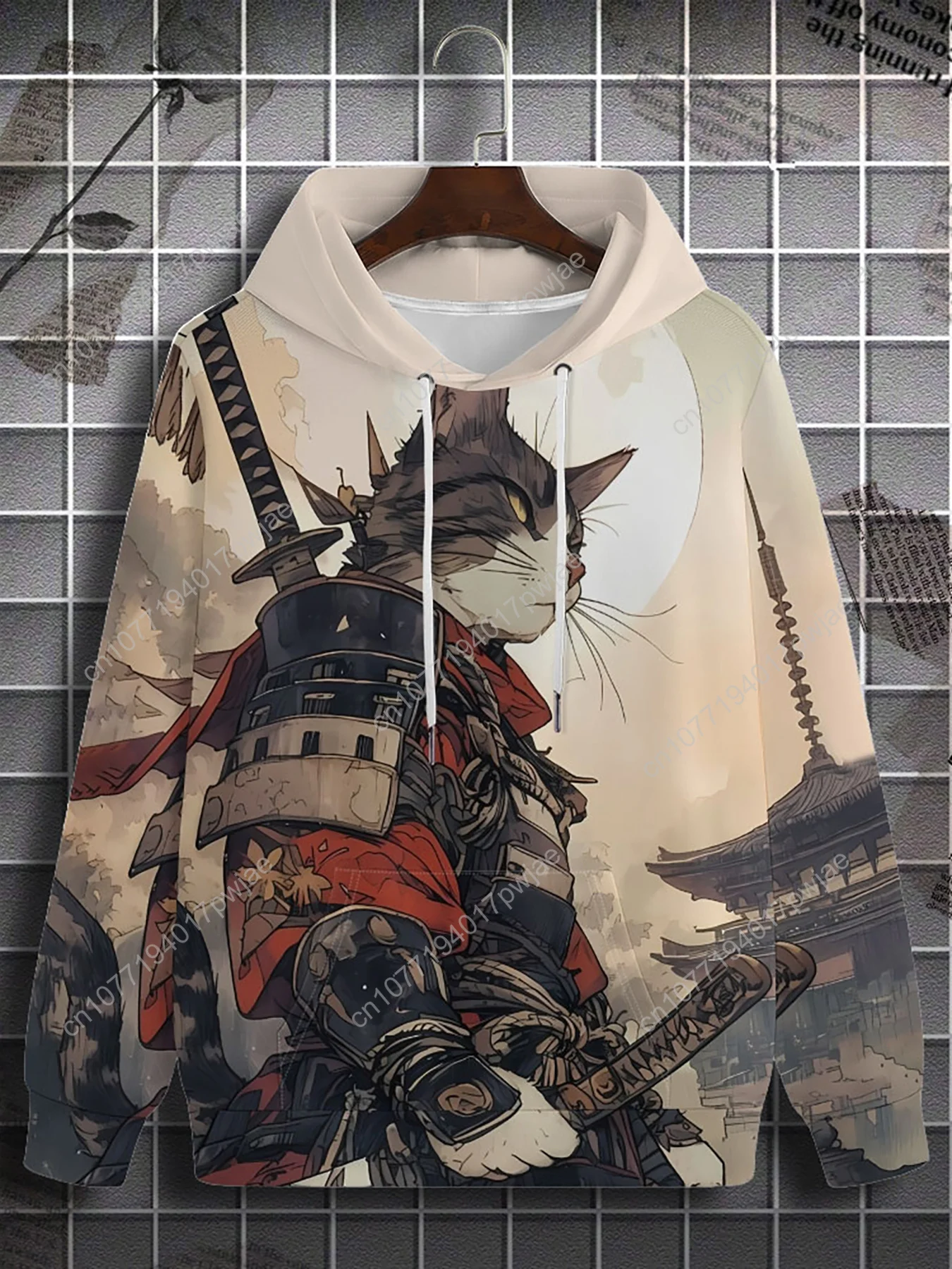 Sweat à capuche imprimé chat samouraï 3D pour hommes, 1 pièce, avec poche kangourou, sweat-shirt décontracté à manches longues en Polyester avec cordon de serrage, toutes saisons