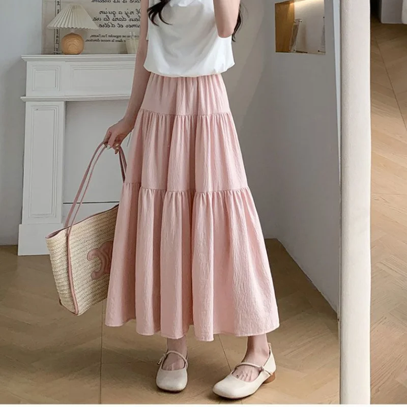 أنيقة الصلبة ألف خط كعكة التنانير الطويلة أزياء المرأة خمر عالية الخصر مطاطا الربيع فساتين مكتب سيدة تخفيف تنورة أنيقة