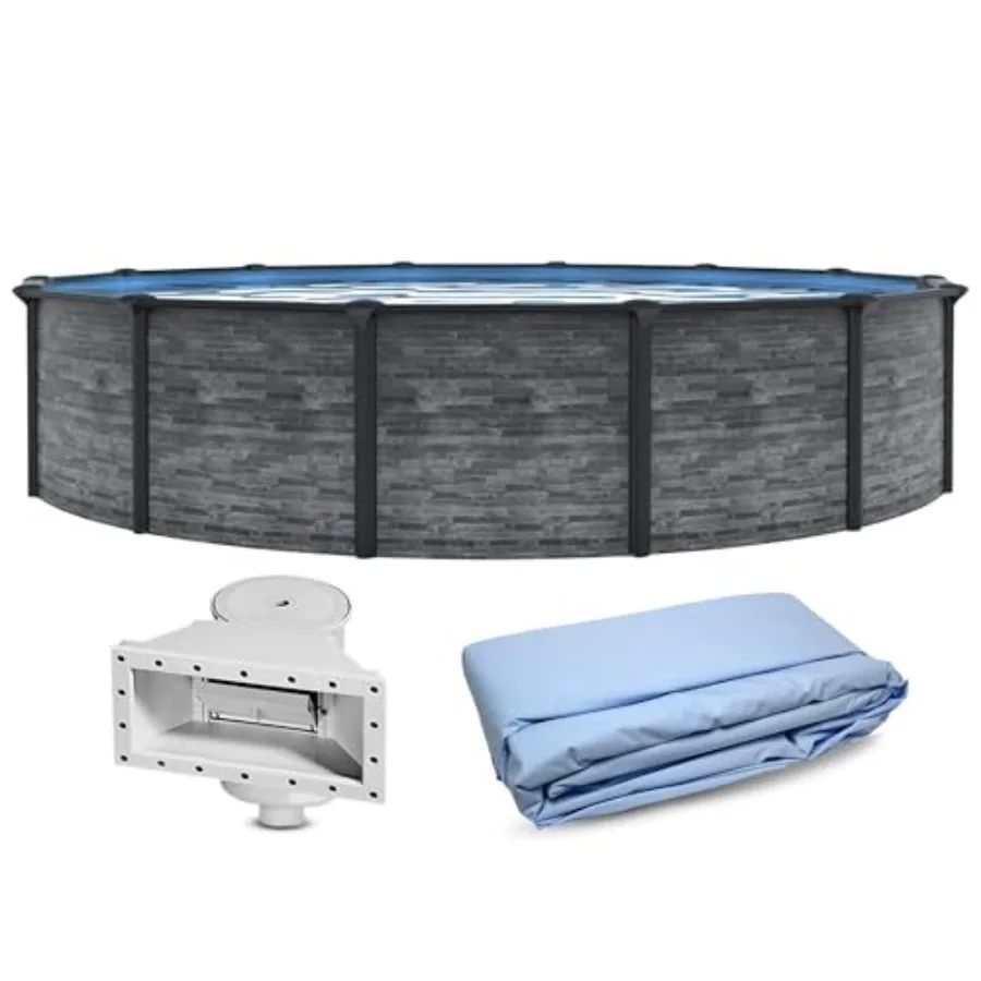 Above ground swimming pool for family recreation, steel wall with vinyl liner, gray, deep hard-sided construction with 6-in top