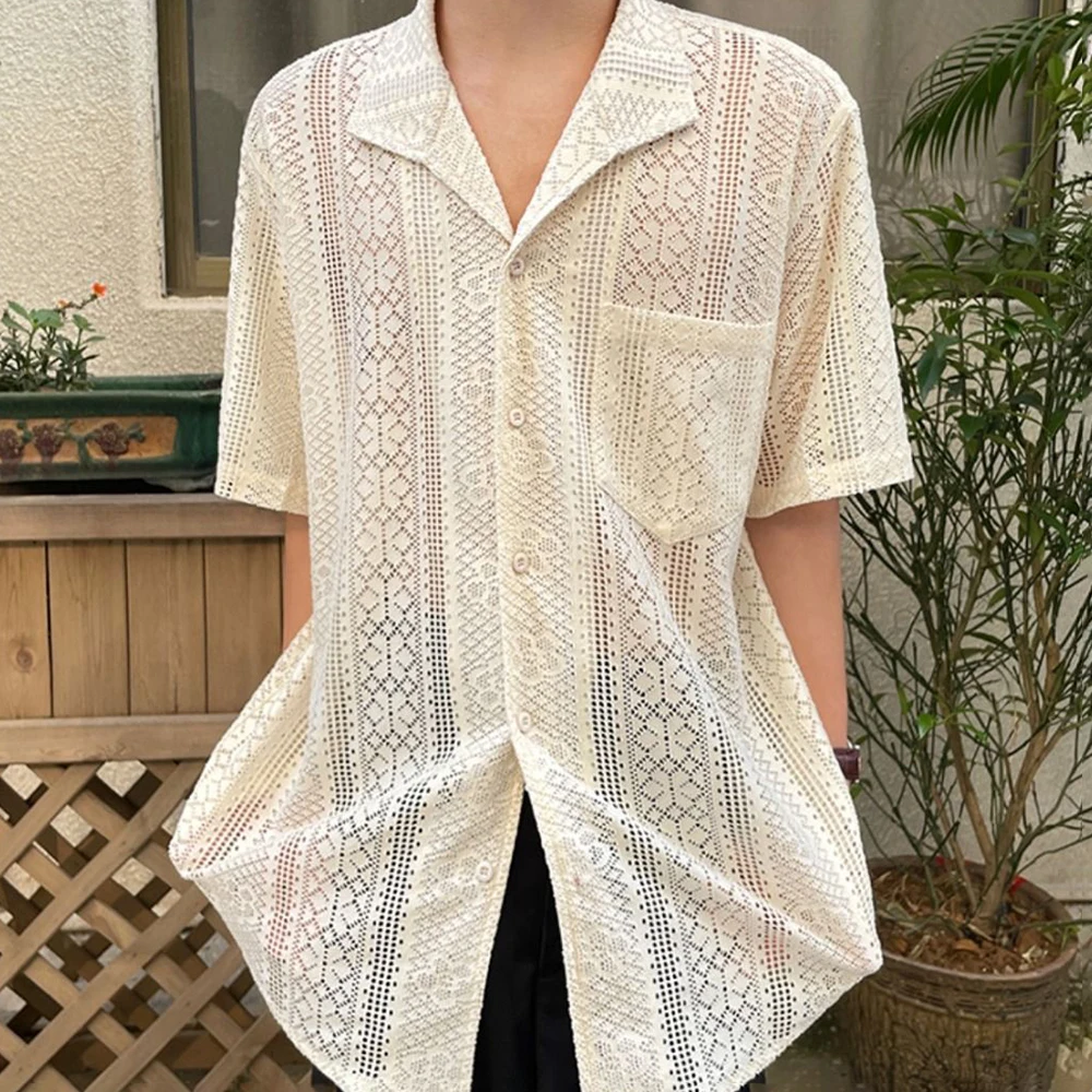 Summer New Male Solid Color Hollow-Out Short-Sleeve Shirt American Retro Fashion Trendy Street Casual Loose Breathable Men's Top