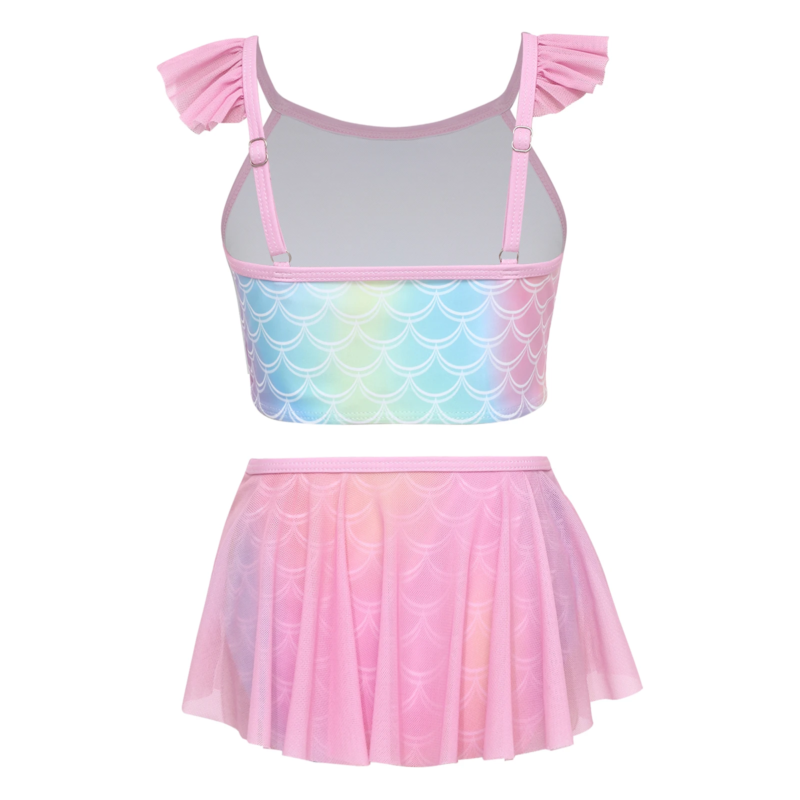 Girls Swim Sets Tankini Swimsuit Bathing Suit Adjustable Straps Ruffled Fish-scale Print Swimwear Short Top with Skirted Briefs