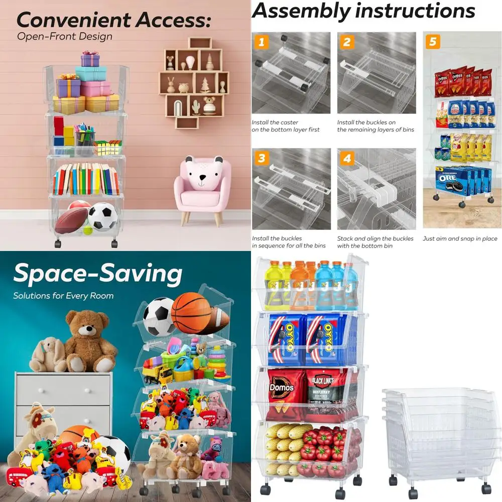 

Clear Plastic Stackable Storage Bins, 4-Pack Large Open Front Organizers for Toys, Kitchen, Pantry, and Bathroom Essentials
