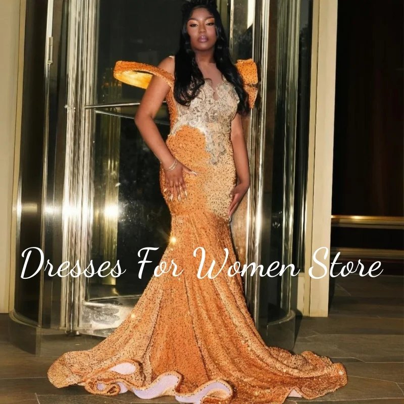 Luxury Crystals Orange Prom Dresses Women Glitter Sequin Party Gowns For Black Girl Mermaid Long Birthday Dress Customized 2025