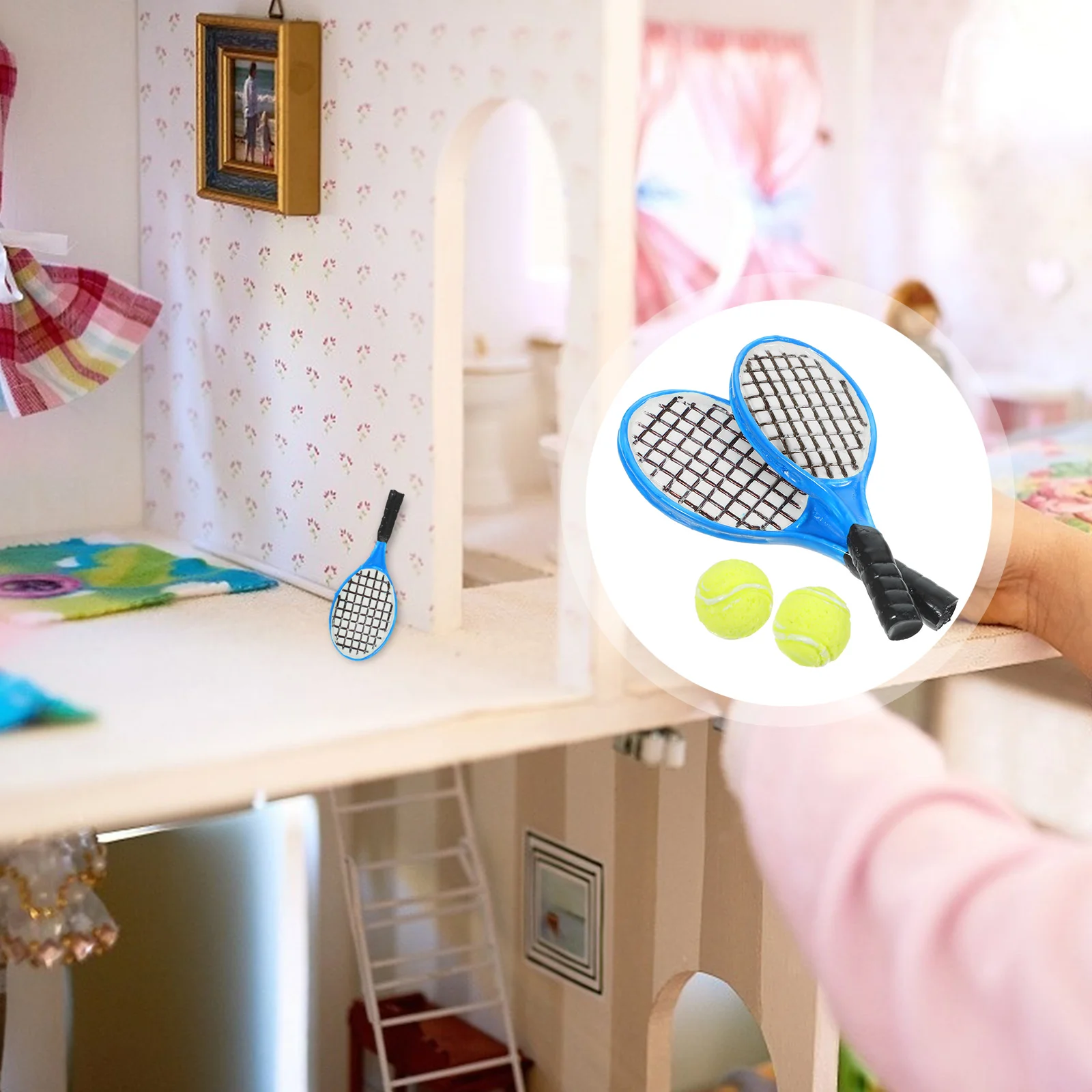 Badminton Racquet Toy House Micro Tennis Racket Model Decorations Dollhouse Child Balls