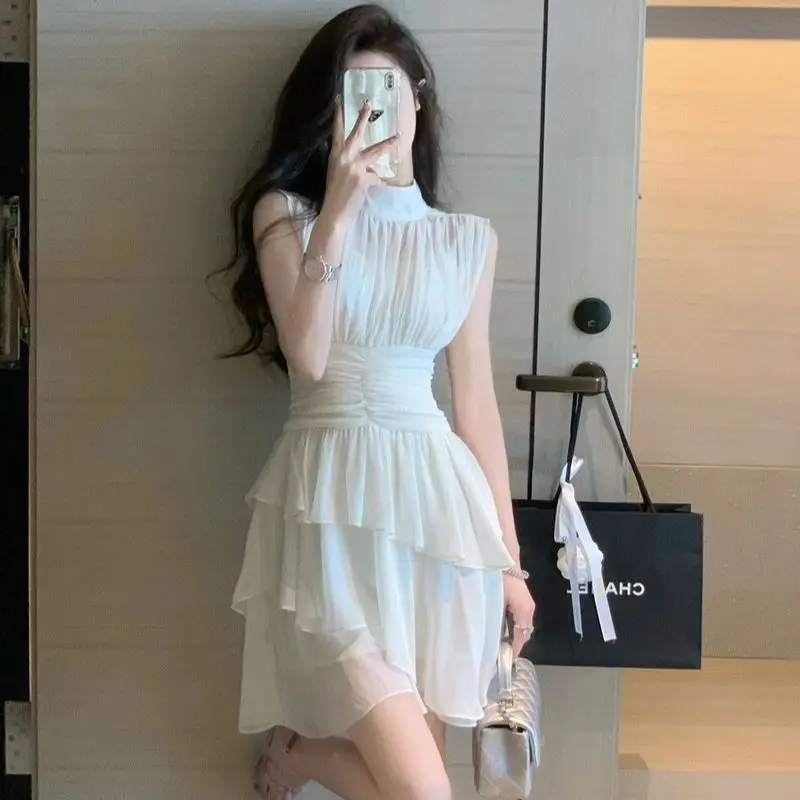 

Y2K Fashion Trend White Irregular Sleeveless Cake Dress Princess Tunic Waist Chiffon Mini Dresses for Women 2023 Summer