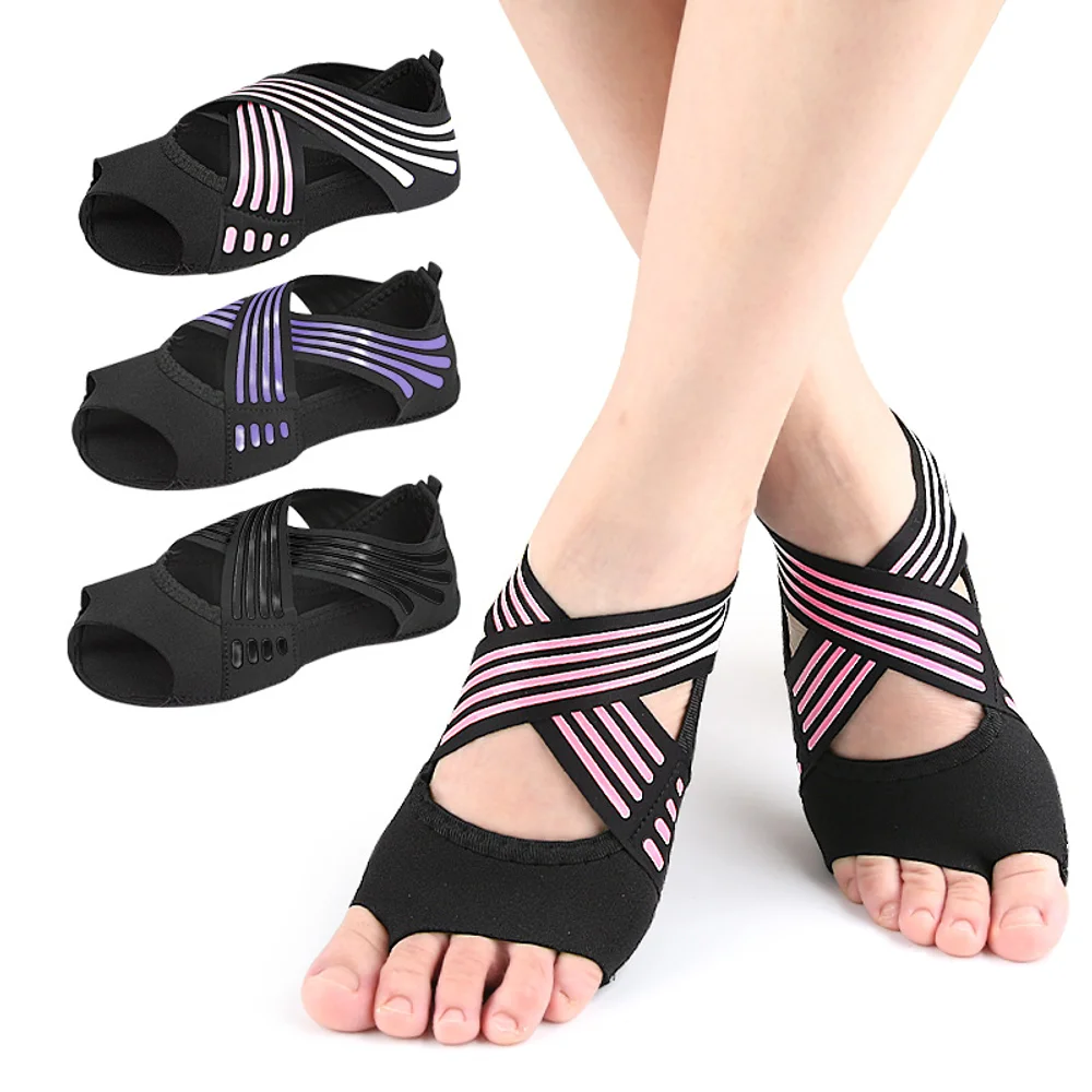

Lightweight, anti-slip soft-soled yoga shoes with toe loops for Pilates, dance, and sports training, featuring toe-peeking desig