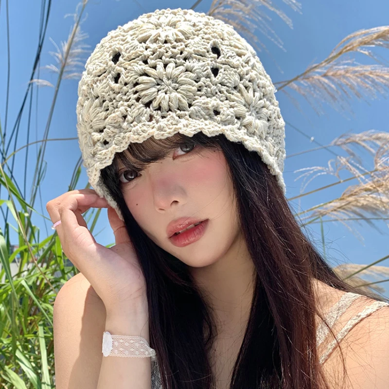 Japanese Hand-woven Pullover Women\'s Caps Spring and Summer Travel Versatile Thin Hollow Breathable Knitted Beanies Hat