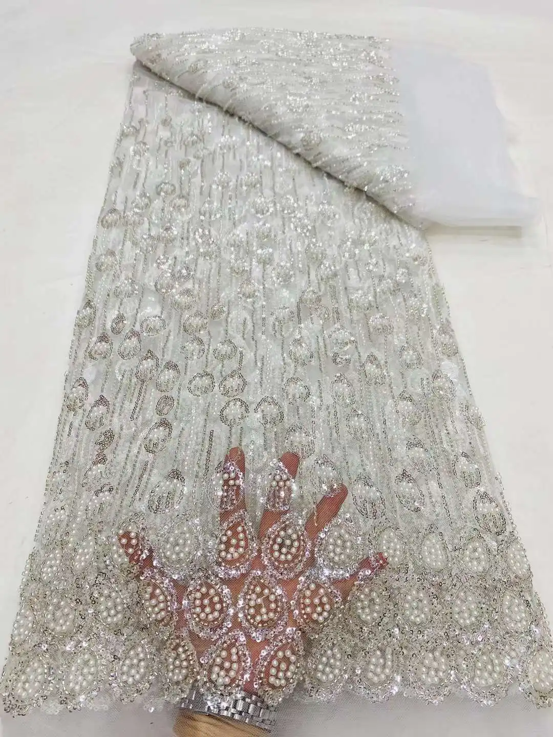 2024 High Quality African Handmade Beaded Lace Fabirc Nigreian Embroidery Sequins Lace Fabric Women Wedding Dress VD6095