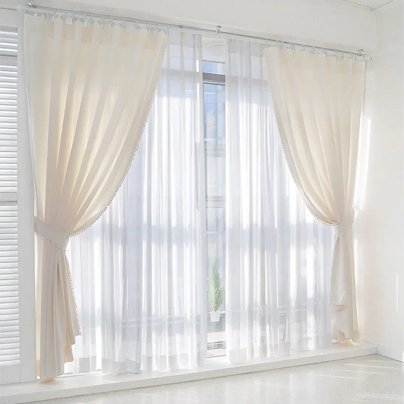 Girly Style Pure White Beige Cotton and Linen Tassel Curtains for Living Room Bedroom Balcony Customized Finished Product