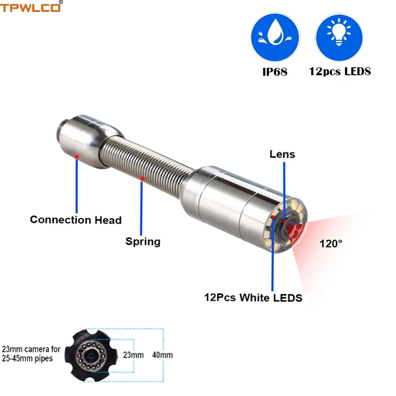 

Diameter 23mm Endoscope Industrial Video Camera With 12pcs LEDS Used For Drain Sewer Tube Inspection System