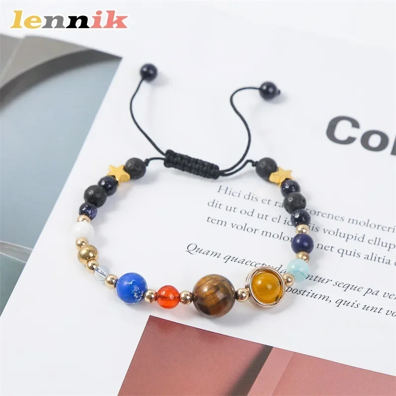 LENNIK Modisches und beliebtes Armband mit Universum-, Galaxie-, Sonnensystem- und acht Planeten-Motiv, Schutzengel-Stern, Natursteinperlen-Armband