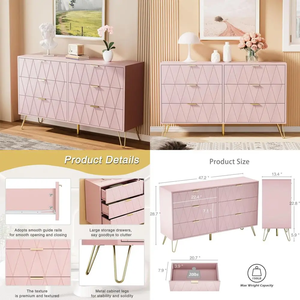 

Large Pink 6-Drawer Wood Storage Cabinet with Gold Metal Legs for Bedroom, Living Room, and Entryway