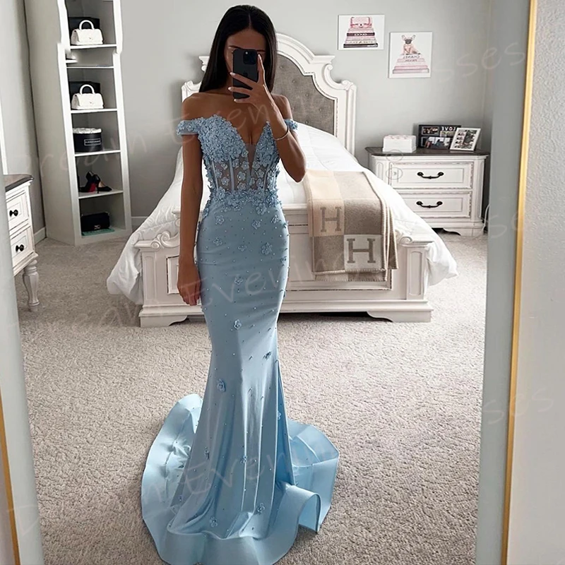 Sexy Elegante Blauwe Zeemeermin Mooie Damesavondjurken Moderne Off-Shoulder Prom Jurken Appliques Kralen Vestido De Noche