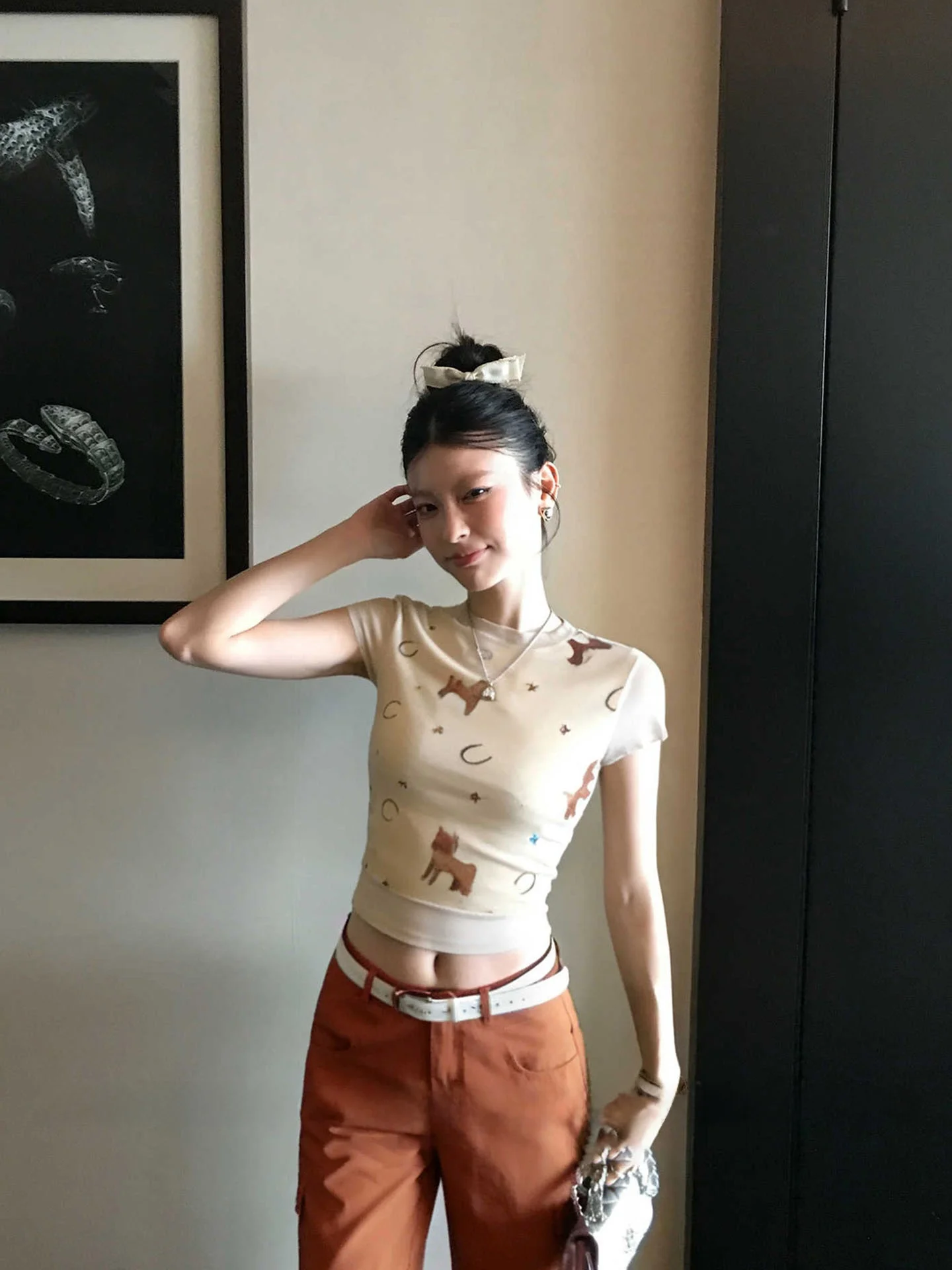 Khaki Print Short Sleeve T-Shirt Women Summer 2026 Slim Fit plus Size Small Figure Show Thin Short Style Casual round Neck Top