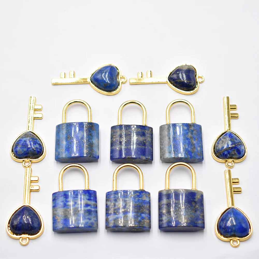 Wholesale 6pcs/lot Natural Stone rose quartz lapis lazuli Couple Lock Necklace Pendant Set Heart Shaped Key Piece Free Shipping