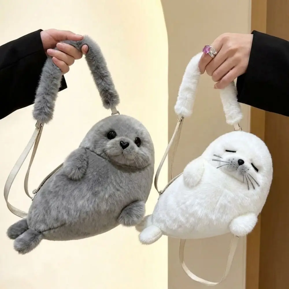 

Soft Fluffy Cute Seal Shoulder Bag Lightweight Cartoon Phone Bag Plush Fabric Adjustable Straps Crossbody Bag