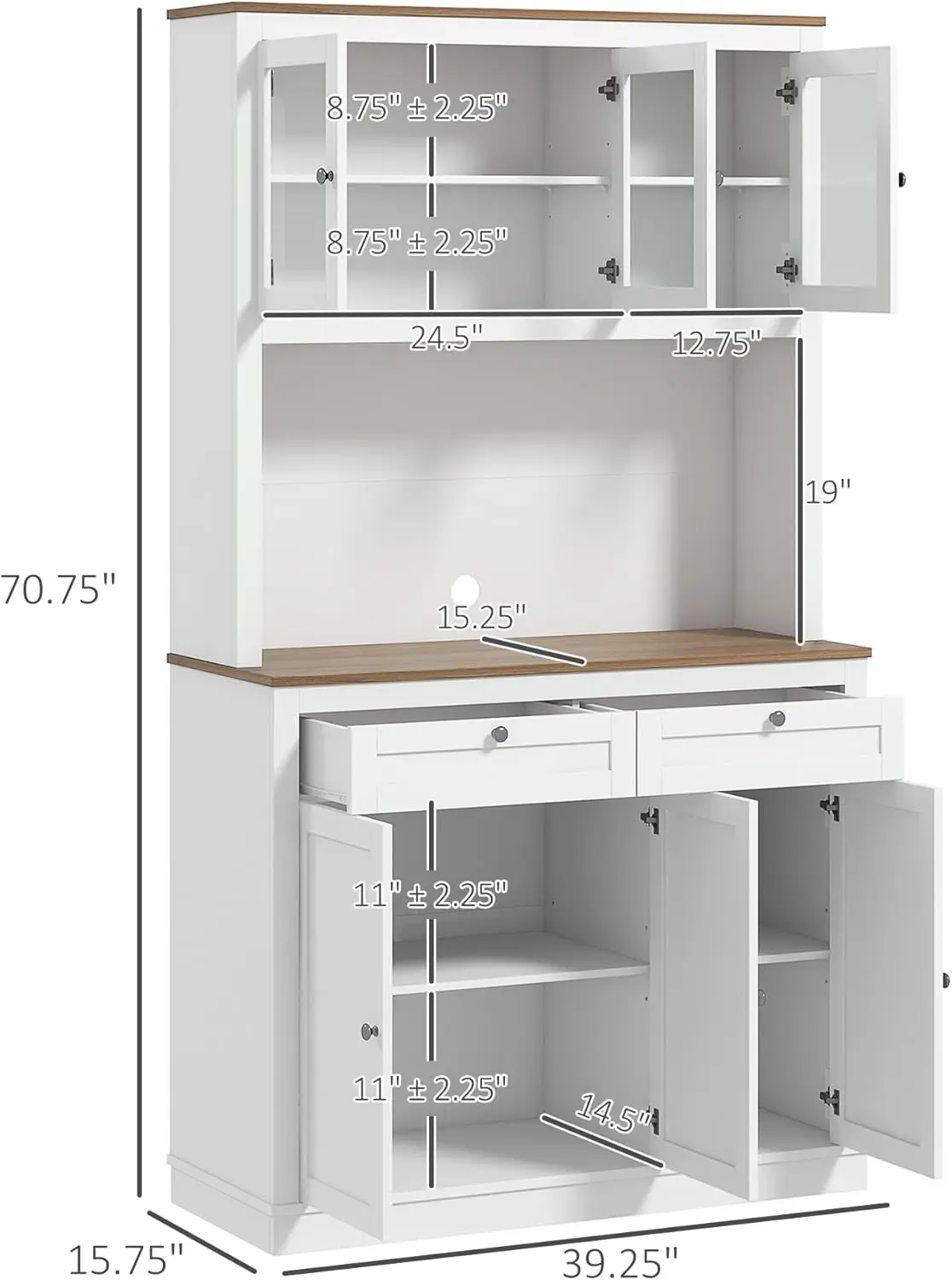 Zones com-Armoire de garde-manger de cuisine autoportante avec rangement, huche de cuisine avec support pour micro-ondes, étagères réglables et verre, 71 po