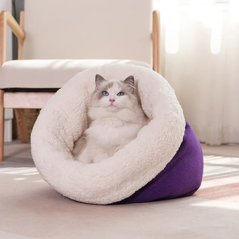 Winter Warm Bed for Cats Comfortable Thick Fleece Semi-enclosed Sleeping Bag Soft Grey House Blue Sofa for Kittens in Autumn