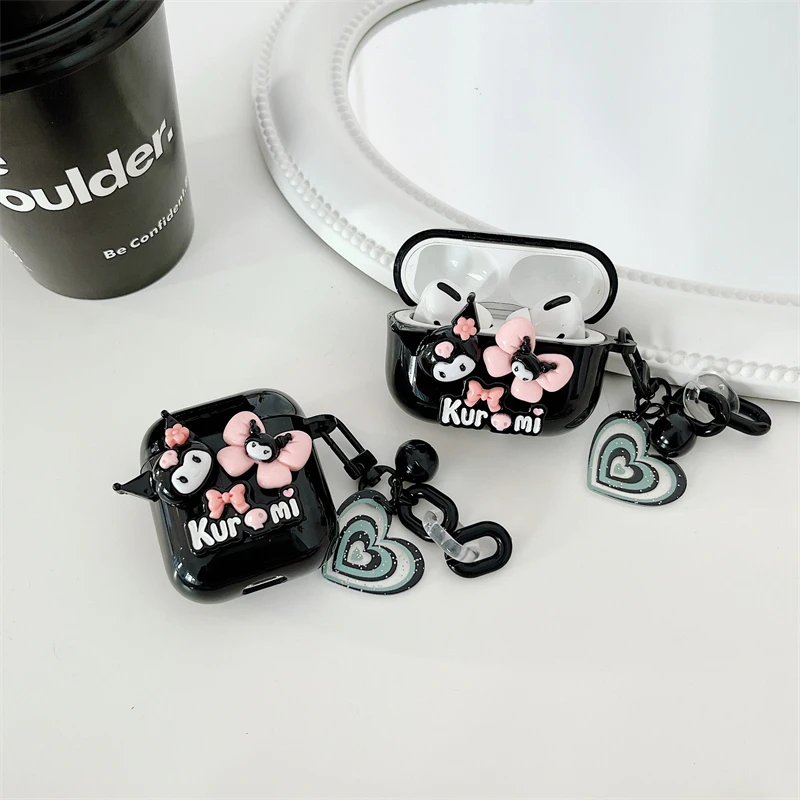 Mini Cute Kuromi dla Airpods Pro/Pro2 bezprzewodowa osłona na słuchawki Bluetooth dla Airpods 1 2 3 generacja etui na słuchawki z wisiorkiem