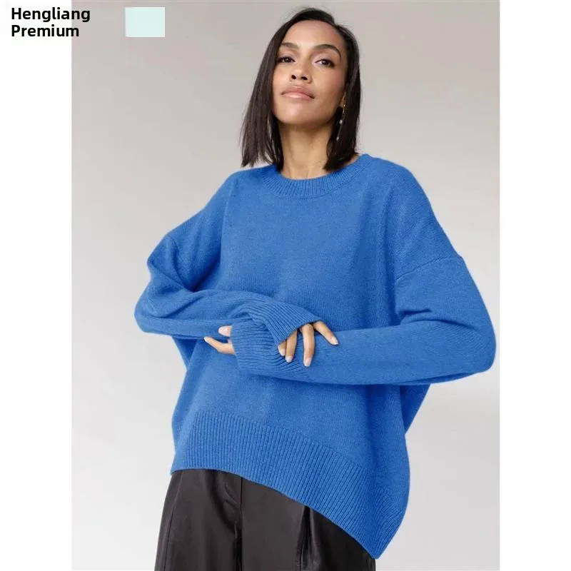 ゆったりとしたカジュアルなニットセーター、長袖、ラウンドネック、無地、秋冬新作、多用途で快適なニットウェア
