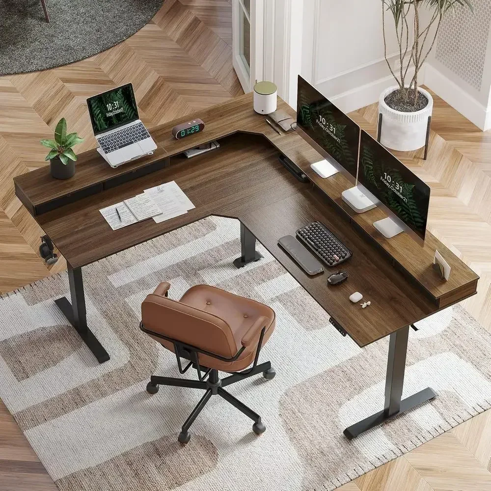 L-Shaped Electric Adjustable Height Gaming Desk, 75 Splice Board, Black/Black Walnut Top, 265lbs Capacity