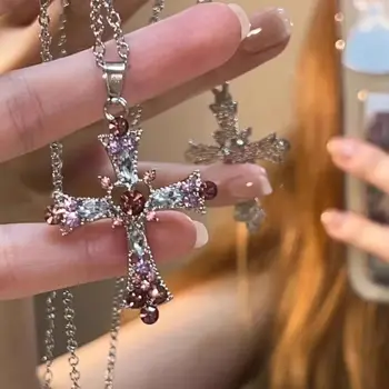 男女情侶復古哥德風大十字架吊墜項鍊,Y2K風格鋯石粉紫色頸鍊 10 最佳銷售 男士十字架吊墜 - №5